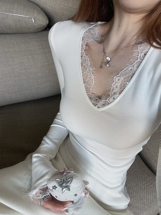 Women's Lace-Trim Fleece-Lined Long-Sleeve Top front view