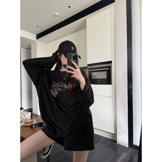 Women's Linen-Blend Graphic Relaxed Long-Sleeve Top front view