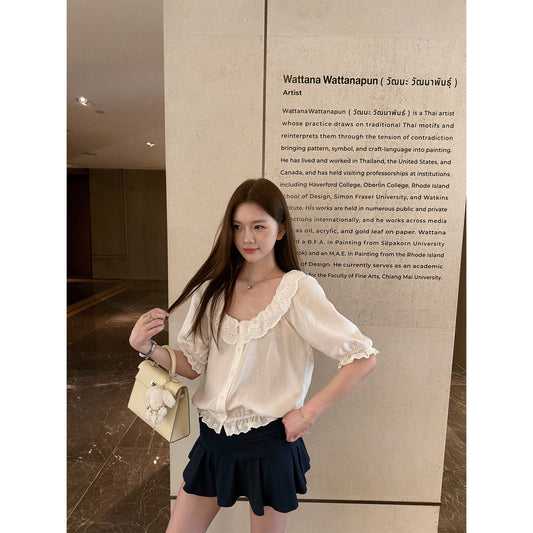 Women's Lyocell Linen-Blend Lace-Trim Shirt front view
