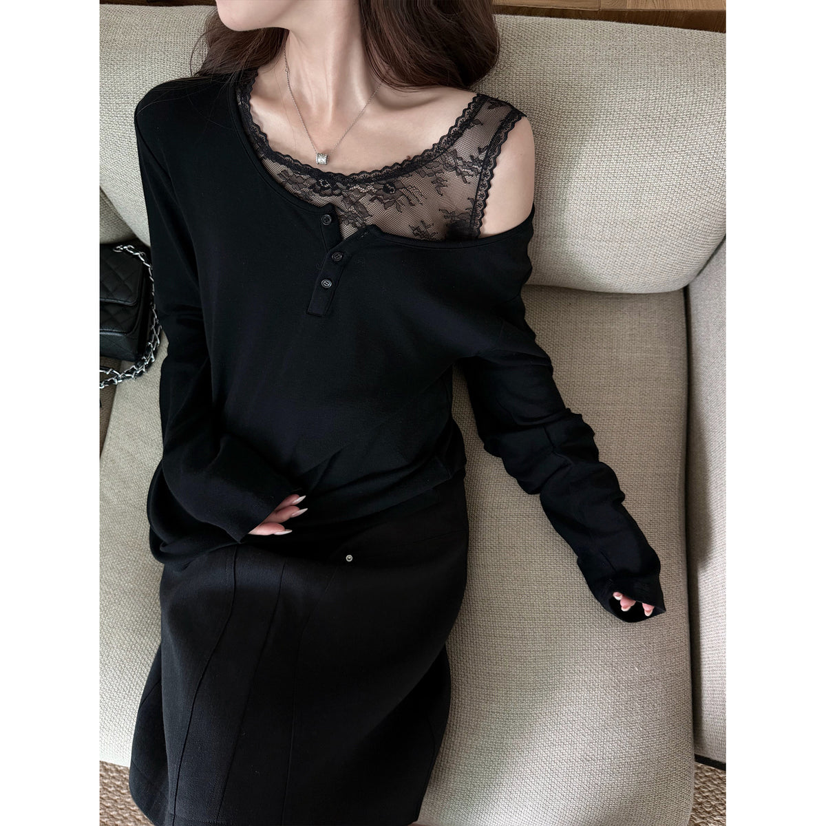 Women's Lace-Trim Relaxed Long-Sleeve Top front view