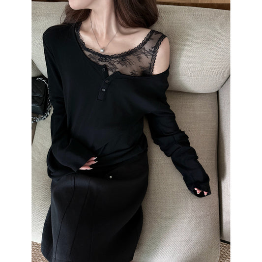 Women's Lace-Trim Relaxed Long-Sleeve Top front view