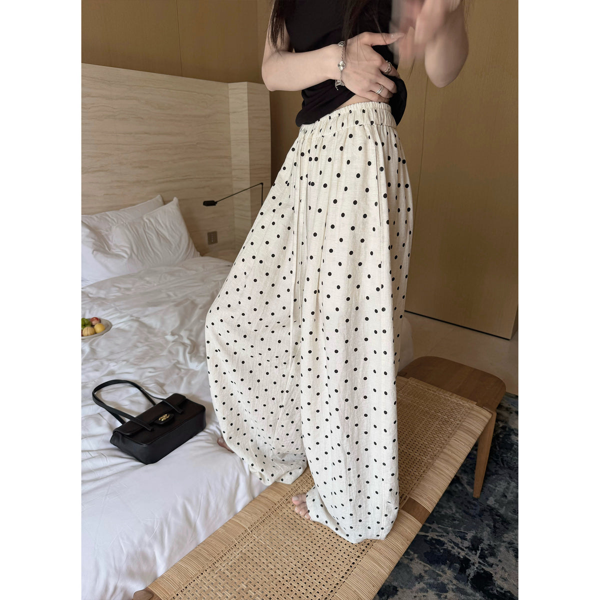 Women's Linen-Blend Polka-Dot Wide-Leg Pants front view