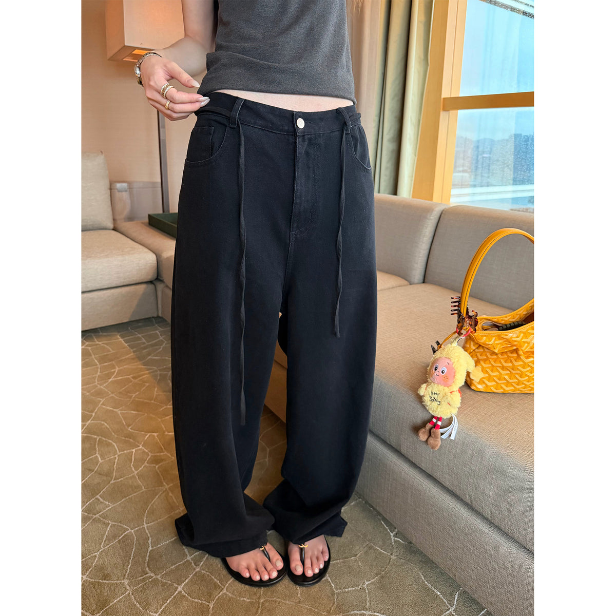 Women's Relaxed Drawstring Wide-Leg Jeans main view