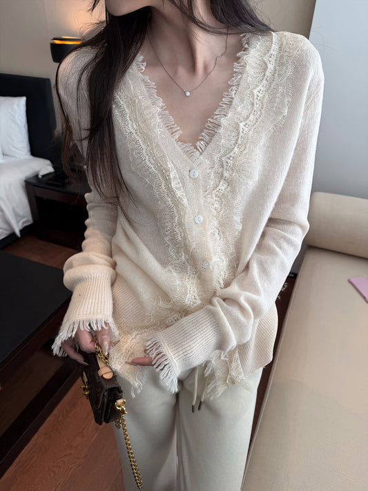 Women's Wool-Blend Lace-Trim Cardigan front view