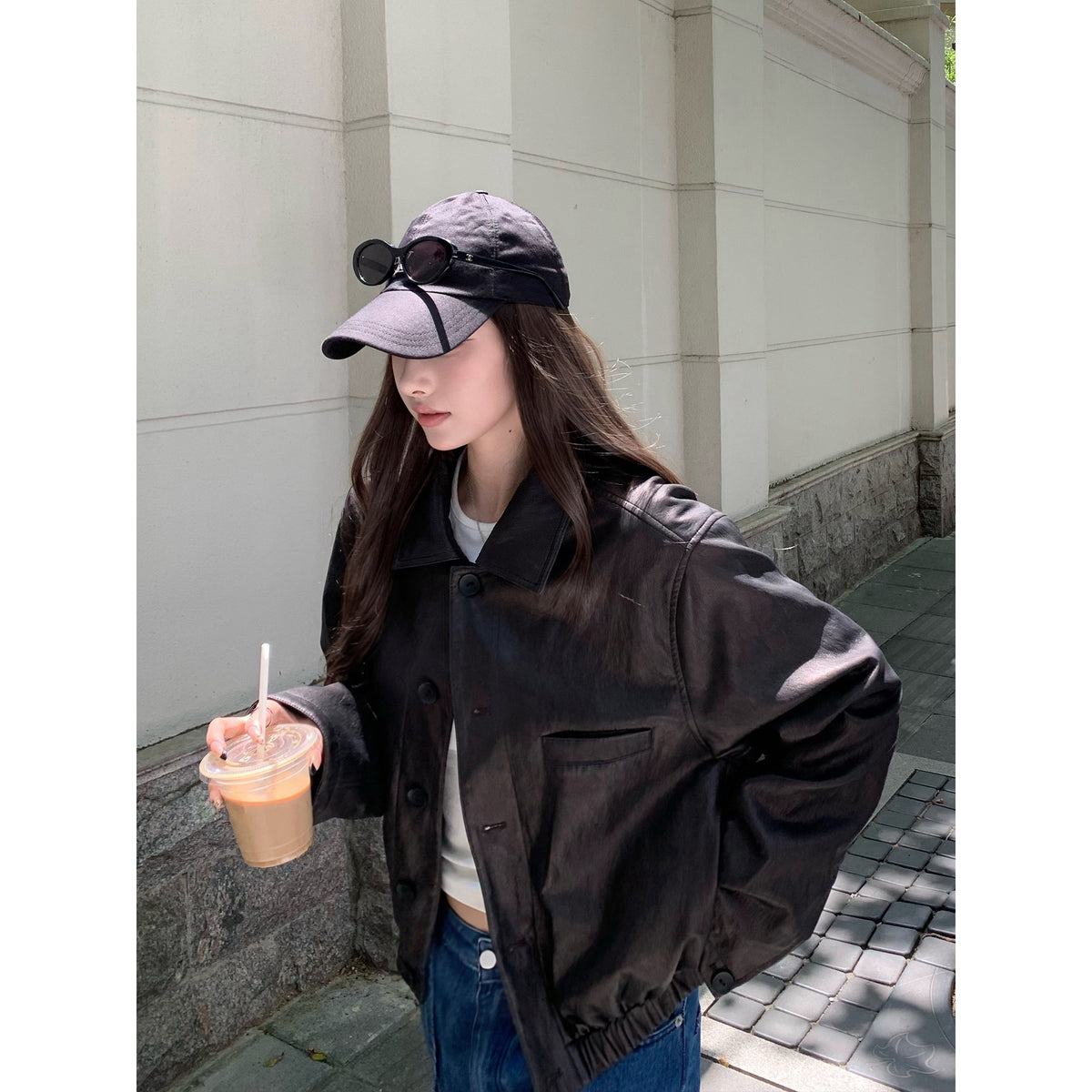 Women's Faux-Leather Collared Jacket front view