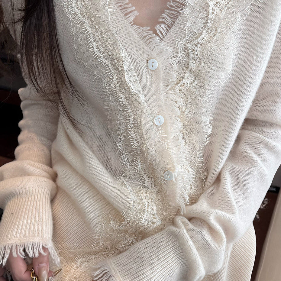Women's Wool-Blend Lace-Trim Cardigan detail view