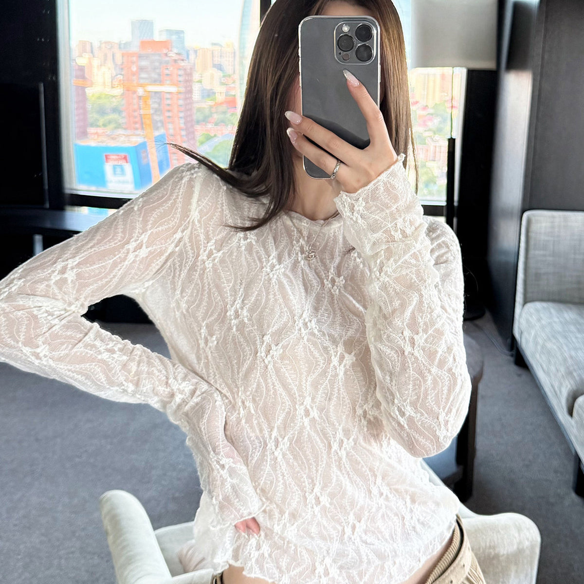 Women's Lace-Trim Long-Sleeve Top detail view