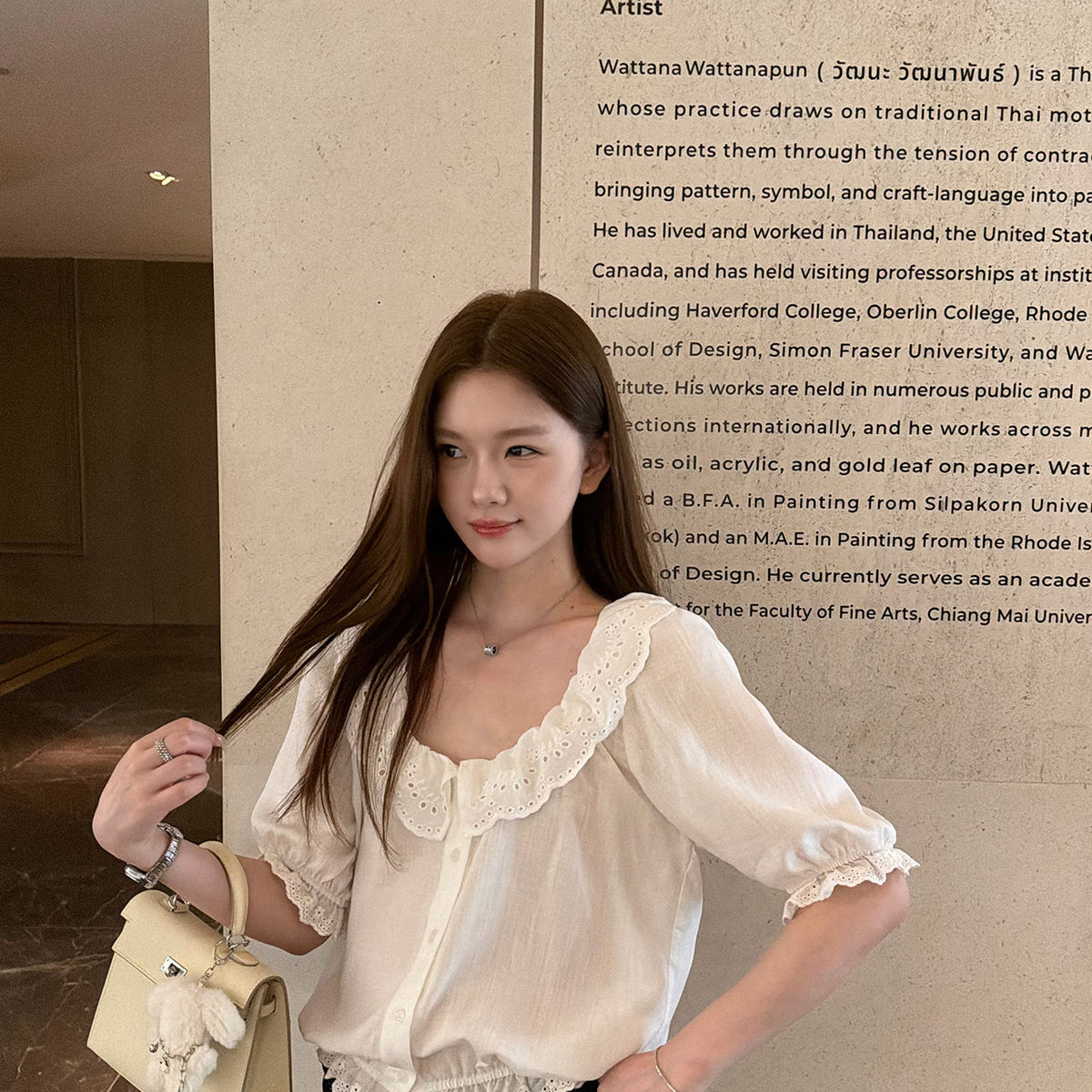 Women's Lyocell Linen-Blend Lace-Trim Shirt detail view