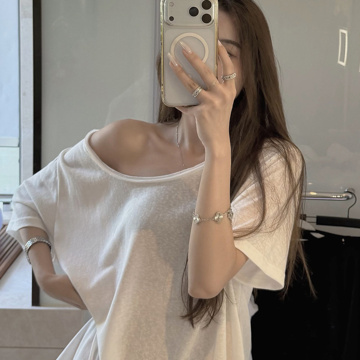 Women's Relaxed Off-Shoulder Crew-Neck T-Shirt detail view
