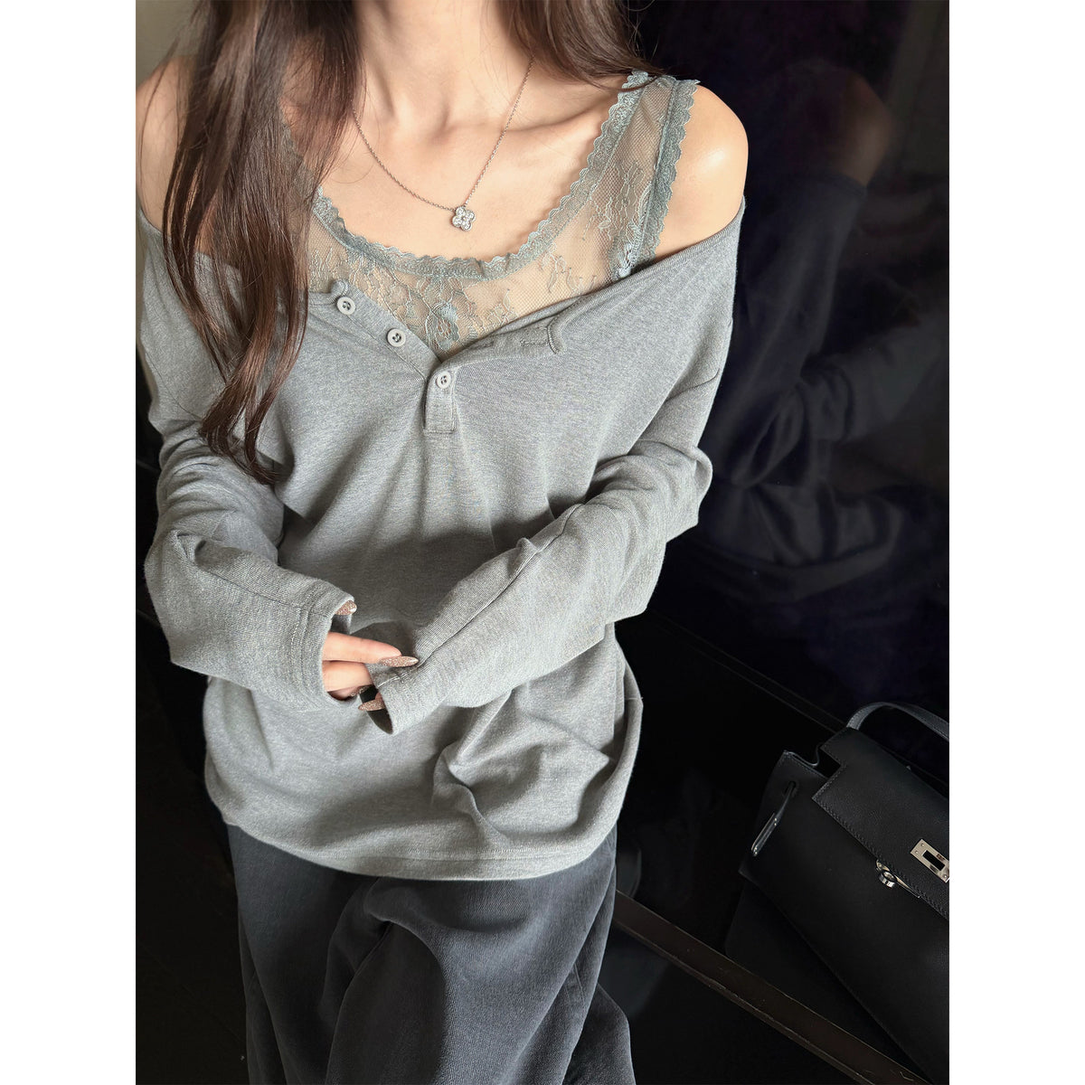 Women's Lace-Trim Relaxed Long-Sleeve Top alternate view