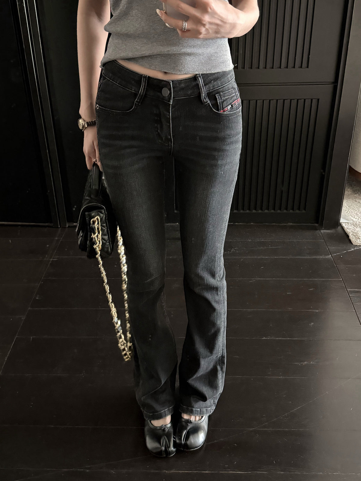 Women's Low-Rise Washed Charcoal Flared Jeans front view
