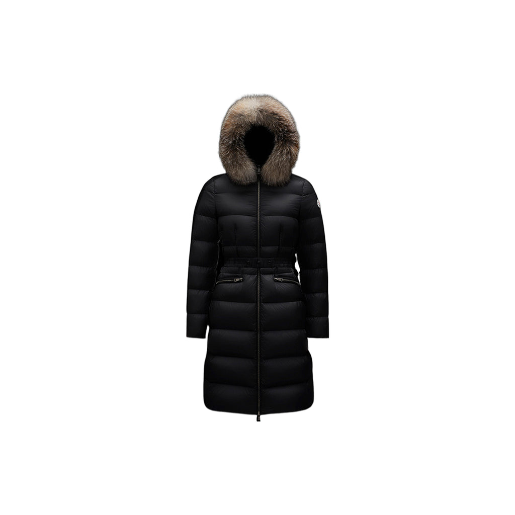 Moncler Boedic Women's Quilted Hooded Goose Down Coat with Oversized Fox Fur Trim & Belt – Black