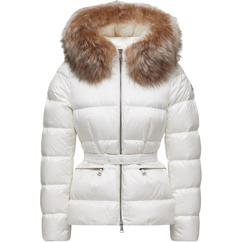 Moncler Boed Women's Cropped Hooded Goose Down Puffer Jacket with Fur Trim – White