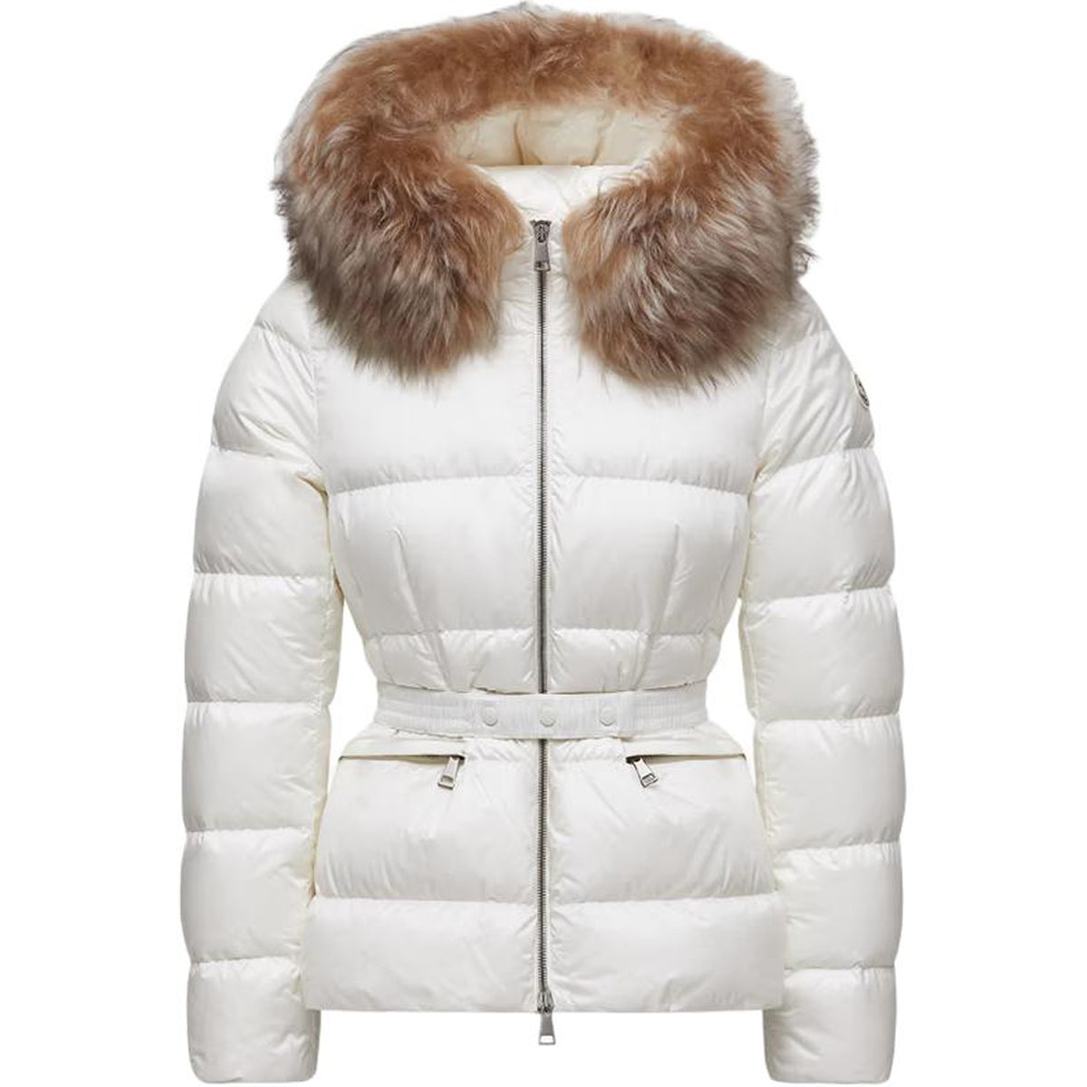 Moncler Boed Women's Cropped Hooded Goose Down Puffer Jacket with Fur Trim – White