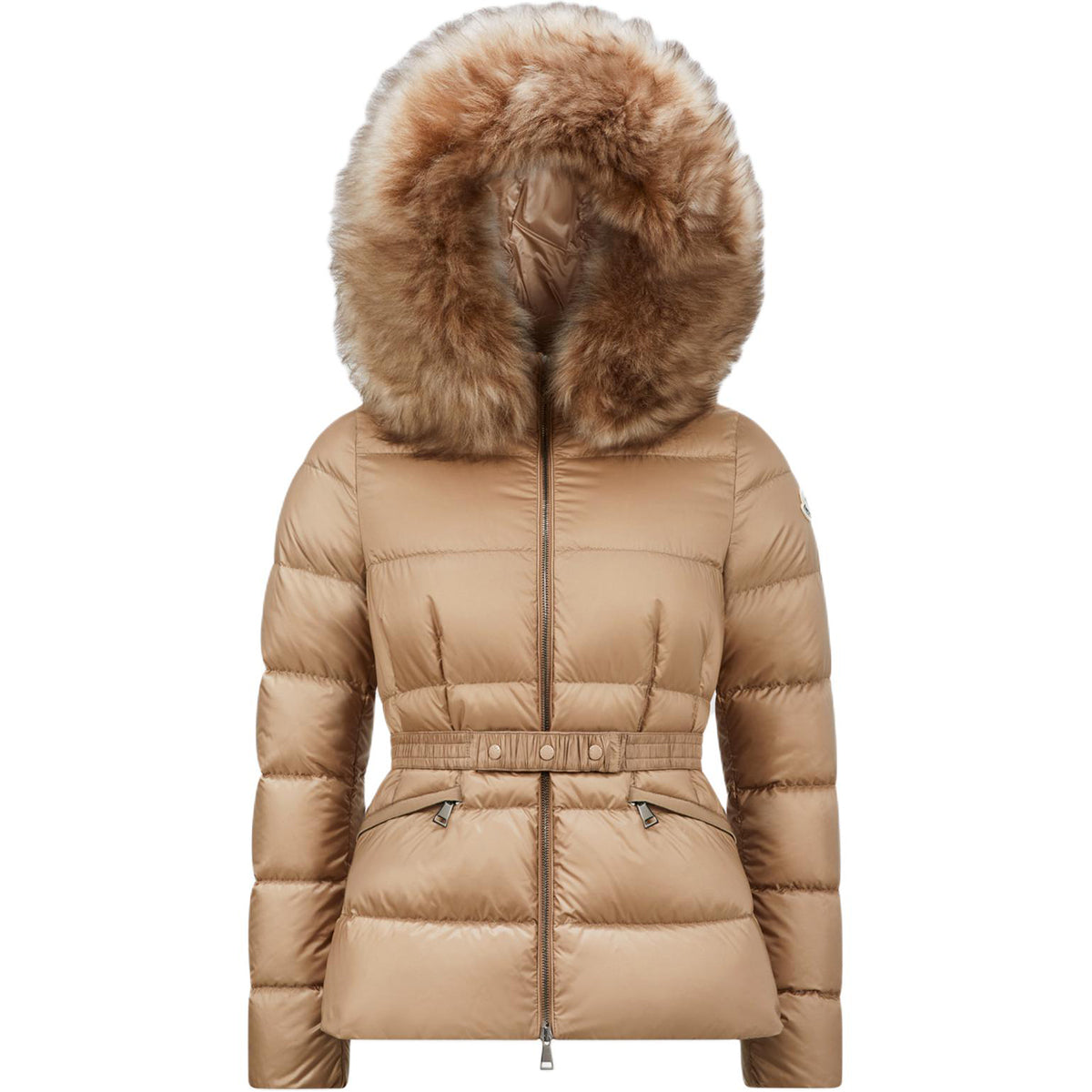 Moncler Boed Women's Cropped Hooded Goose Down Jacket with Fox Fur & Leather Trim – Brown