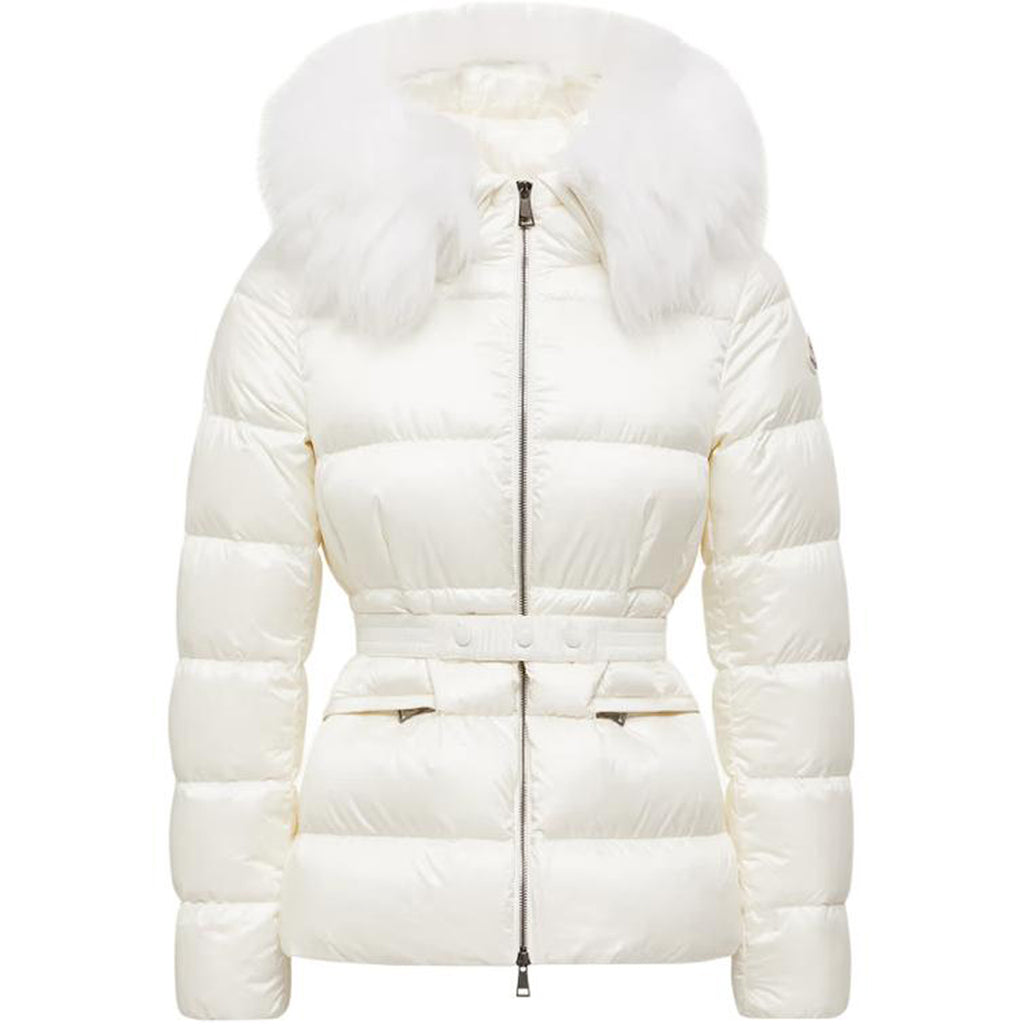 Moncler Boed Women's Cropped Hooded Goose Down Puffer Jacket with Fur Trim – White