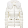 Moncler Boed Women's Cropped Hooded Goose Down Puffer Jacket with Fur Trim – White