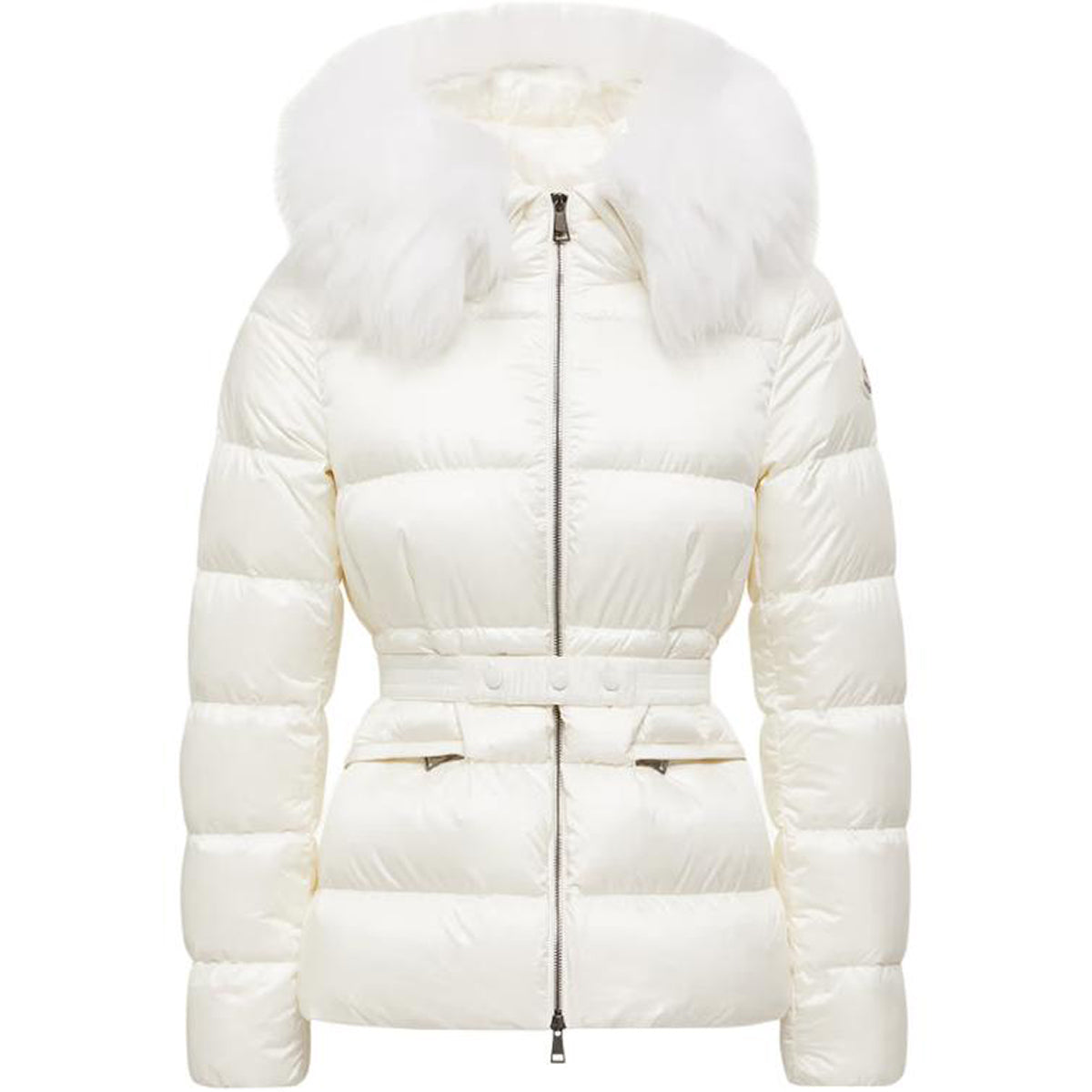 Moncler Boed Women's Cropped Hooded Goose Down Puffer Jacket with Fur Trim – White