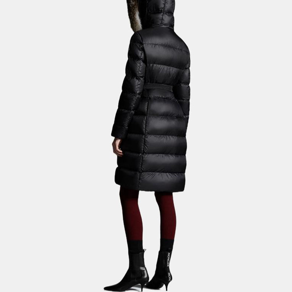 Moncler Boedic Women's Quilted Hooded Goose Down Coat with Oversized Fox Fur Trim & Belt – Black