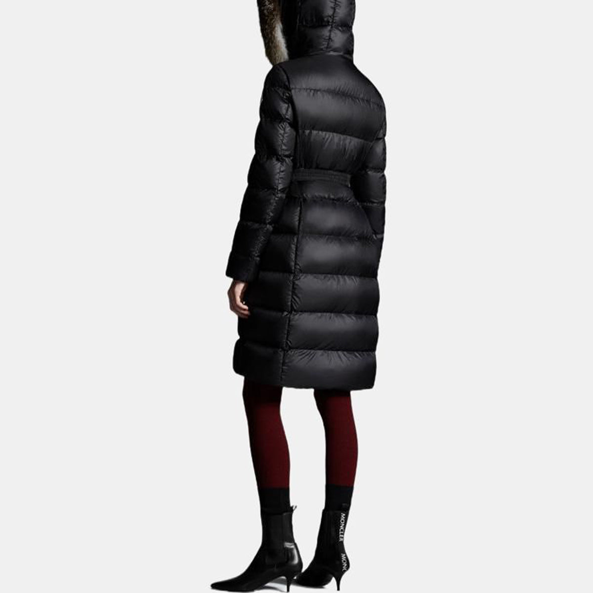Moncler Boedic Women's Quilted Hooded Goose Down Coat with Oversized Fox Fur Trim & Belt – Black