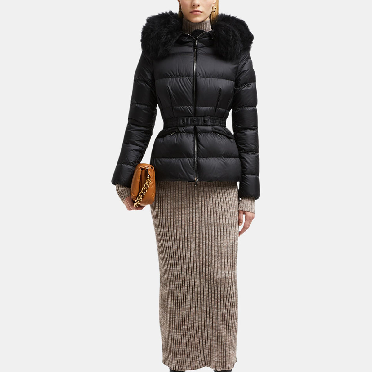 Moncler Boed Women's Cropped Hooded Goose Down Puffer Jacket with Shearling Collar – Black