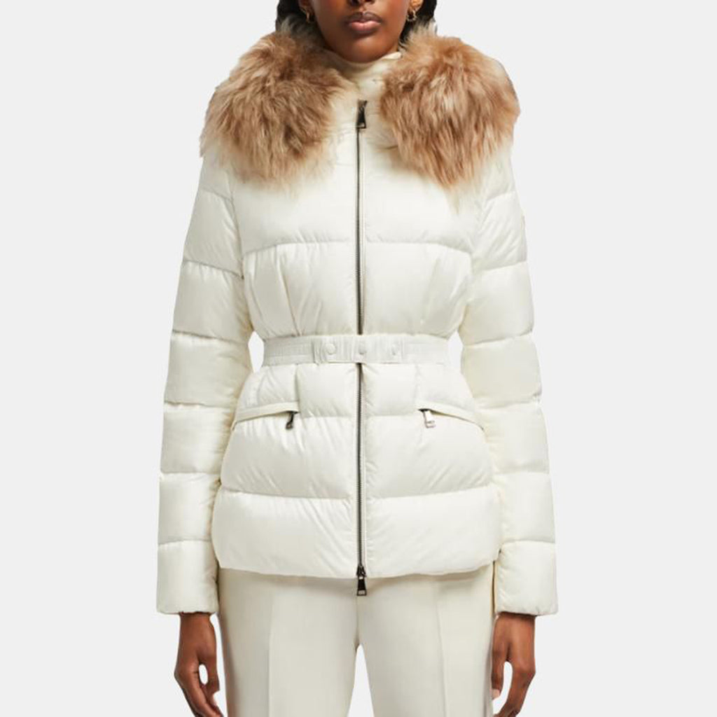 Moncler Boed Women's Cropped Hooded Goose Down Puffer Jacket with Fur Trim – White