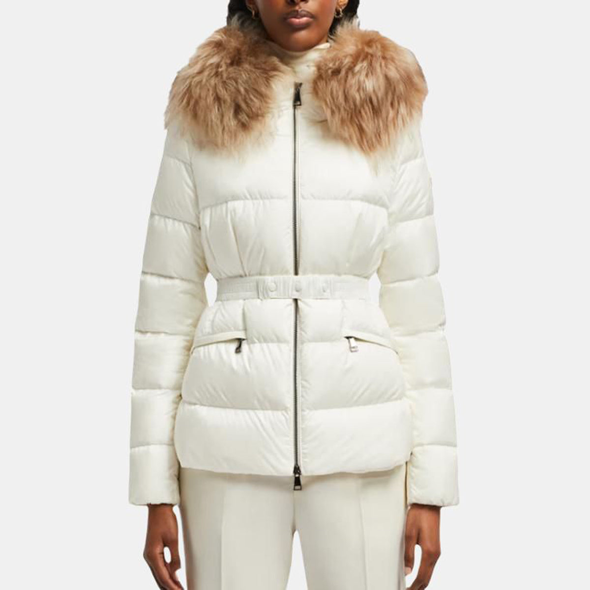 Moncler Boed Women's Cropped Hooded Goose Down Puffer Jacket with Fur Trim – White
