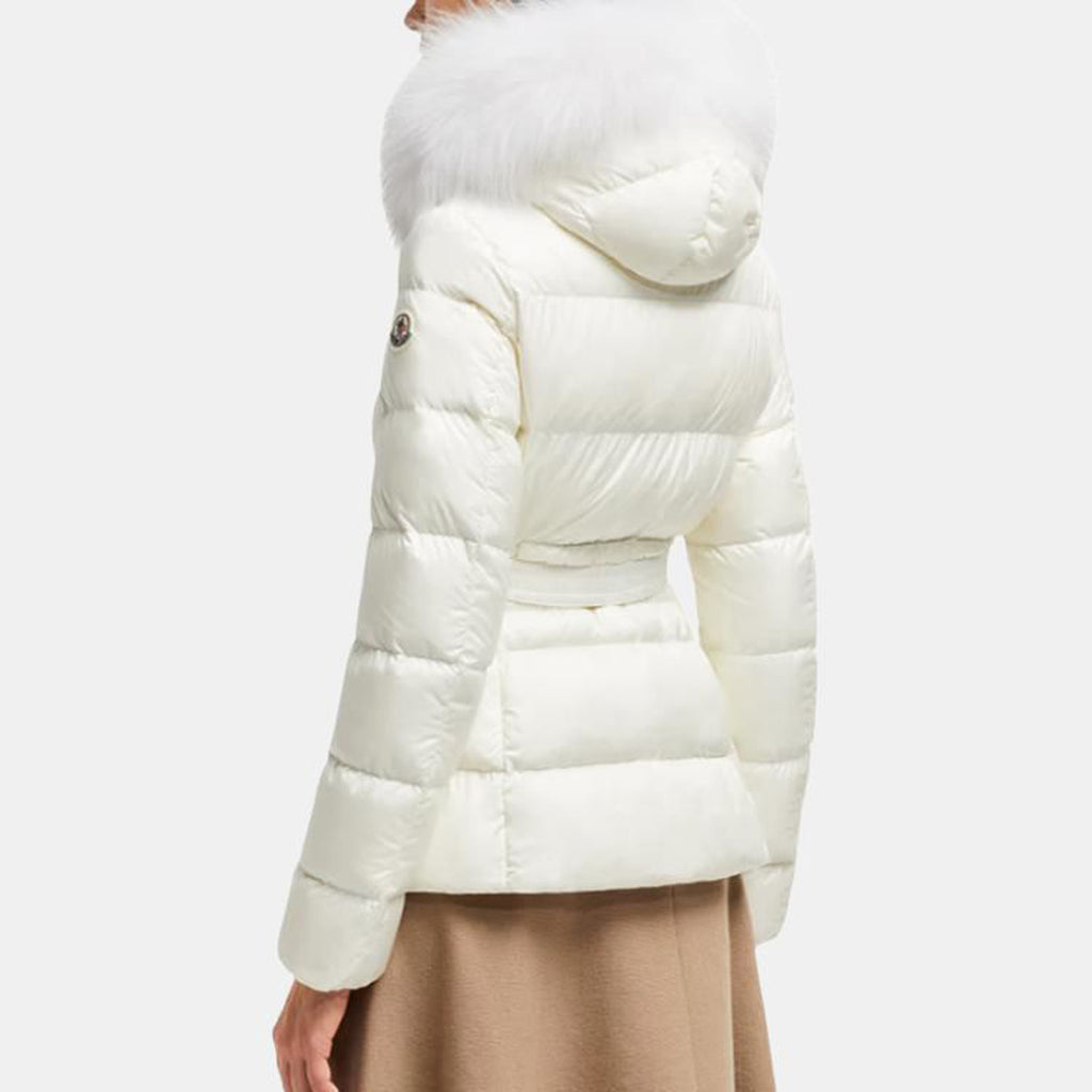 Moncler Boed Women's Cropped Hooded Goose Down Puffer Jacket with Fur Trim – White