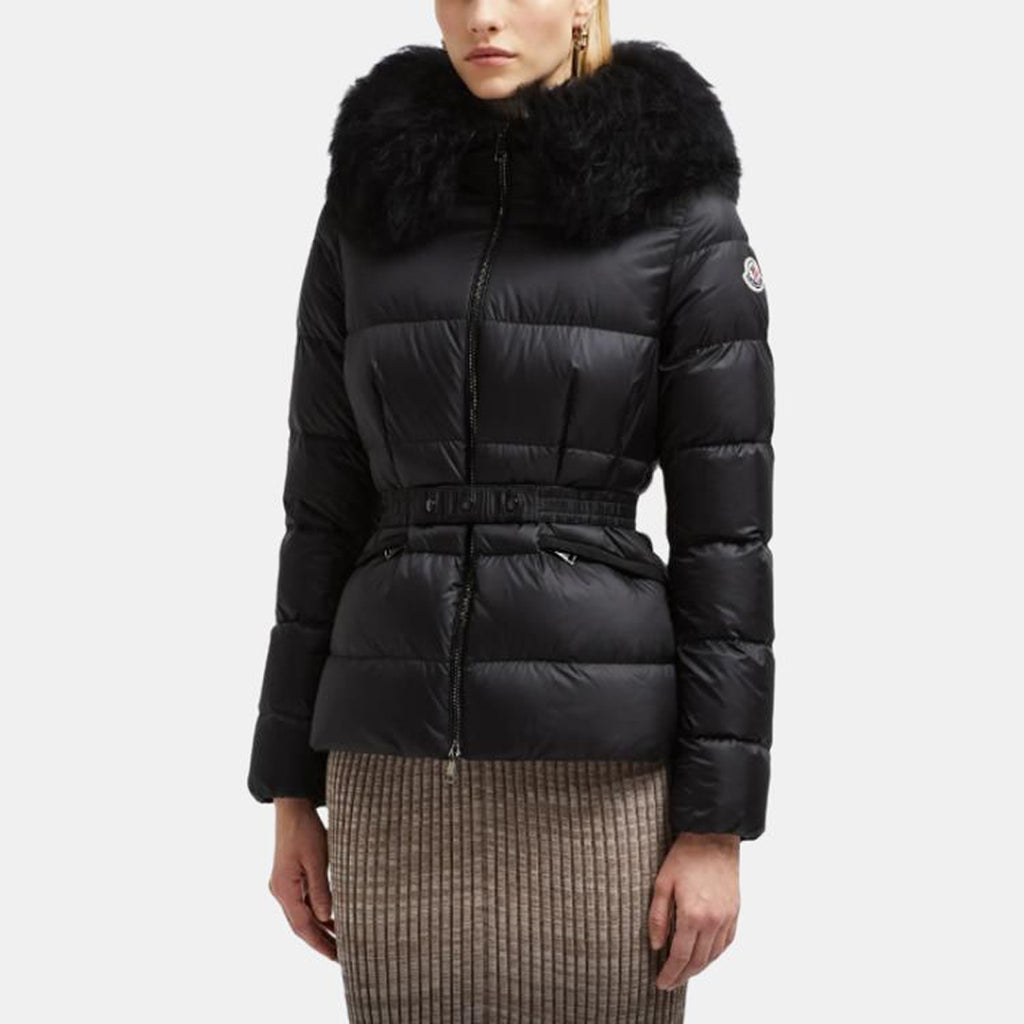Moncler Boed Women's Cropped Hooded Goose Down Puffer Jacket with Shearling Collar – Black