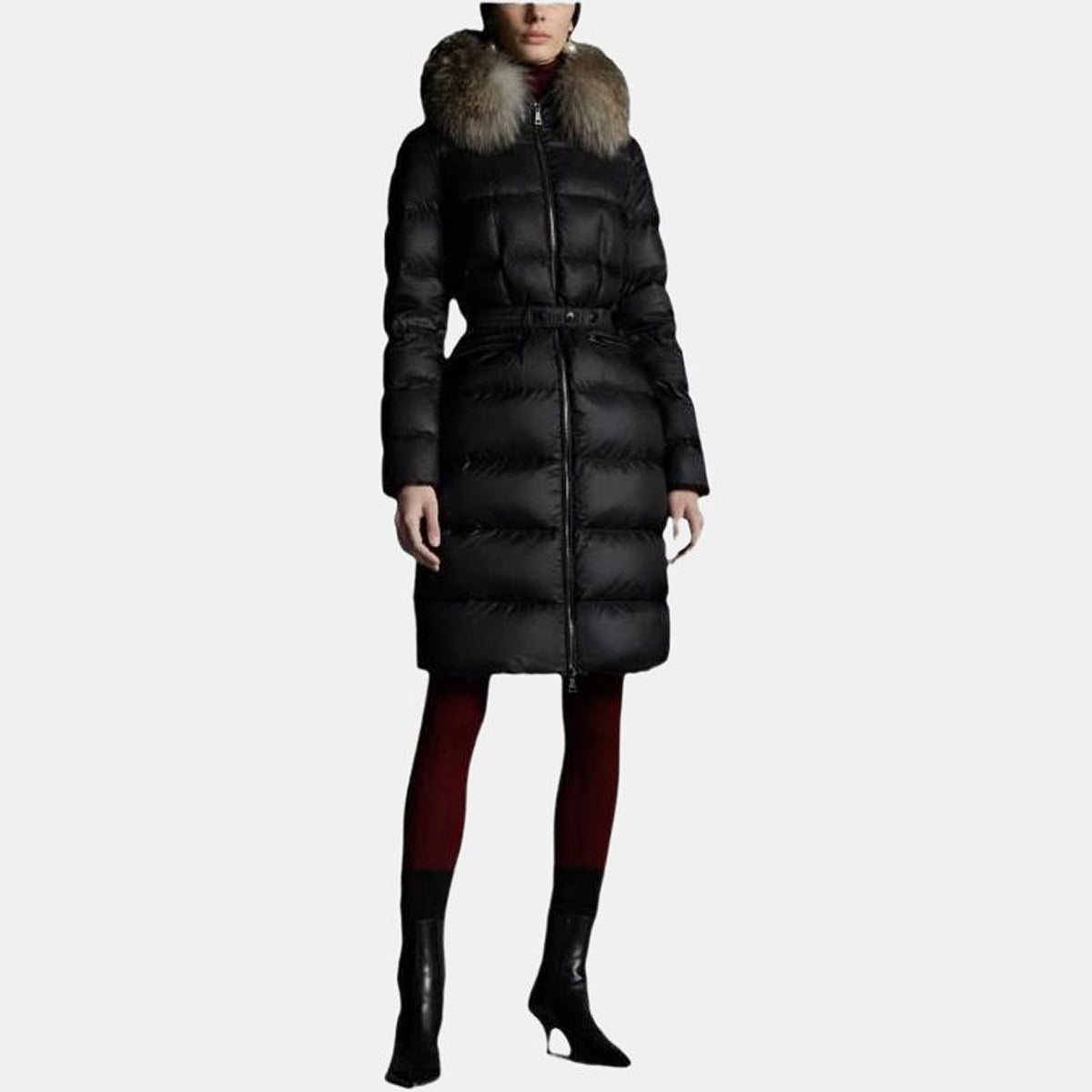 Moncler Boedic Women's Quilted Hooded Goose Down Coat with Oversized Fox Fur Trim & Belt – Black