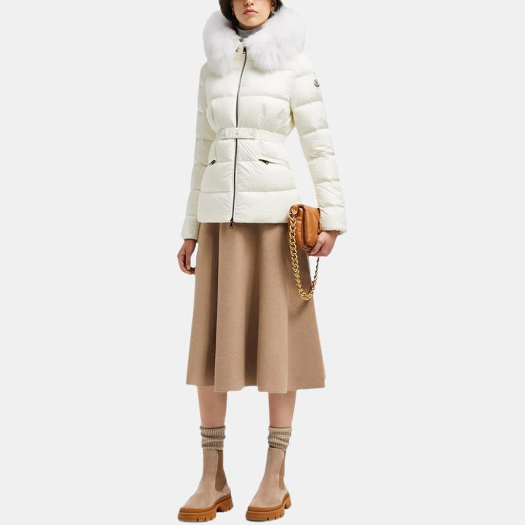 Moncler Boed Women's Cropped Hooded Goose Down Puffer Jacket with Fur Trim – White