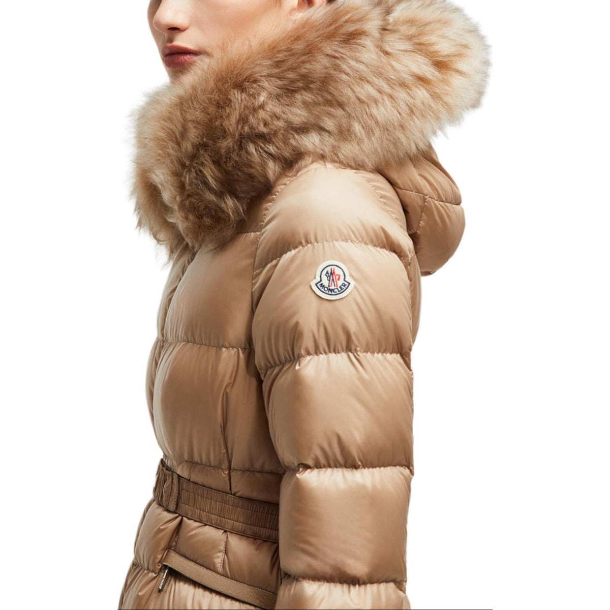 Moncler Boed Women's Cropped Hooded Goose Down Jacket with Fox Fur & Leather Trim – Brown