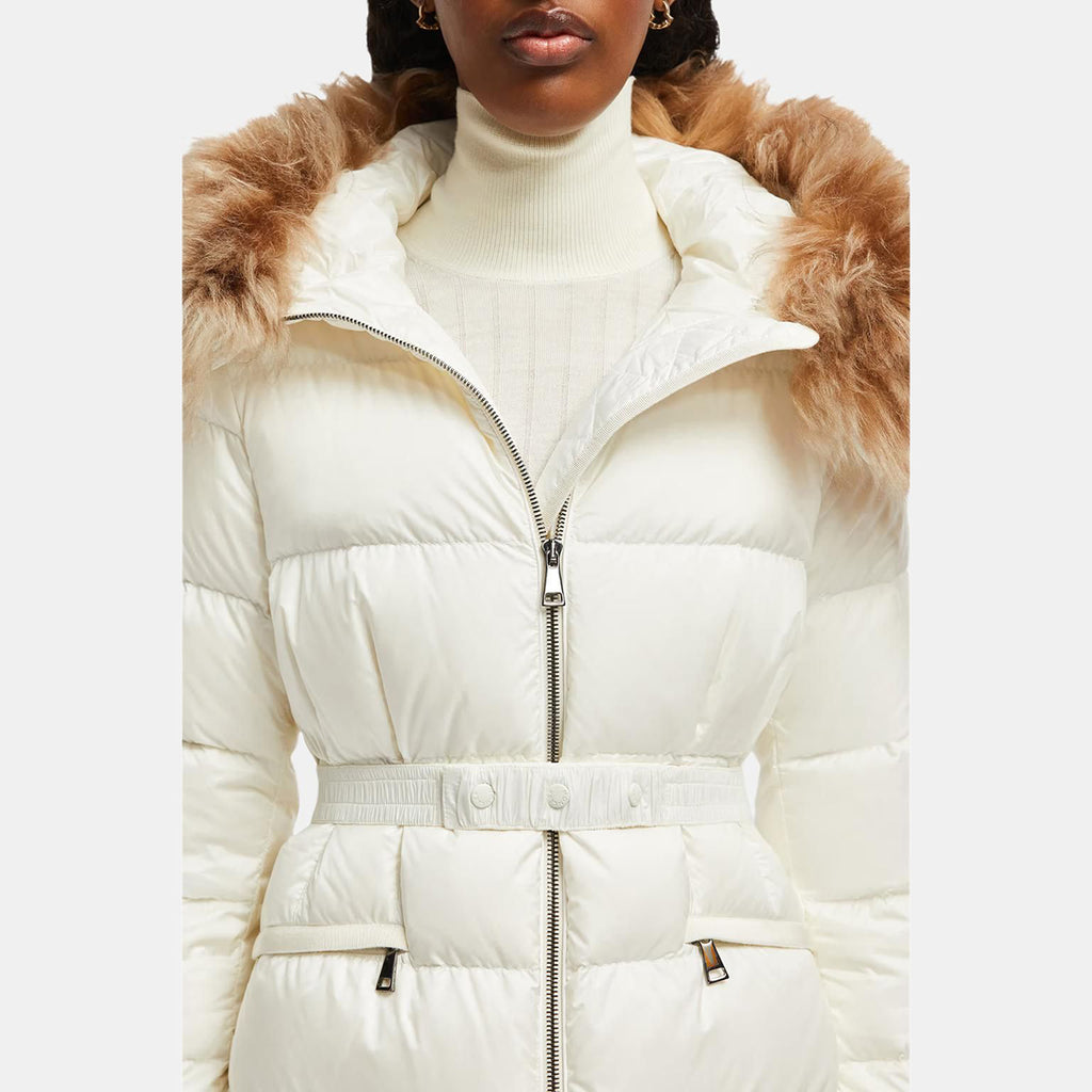 Moncler Boed Women's Cropped Hooded Goose Down Puffer Jacket with Fur Trim – White