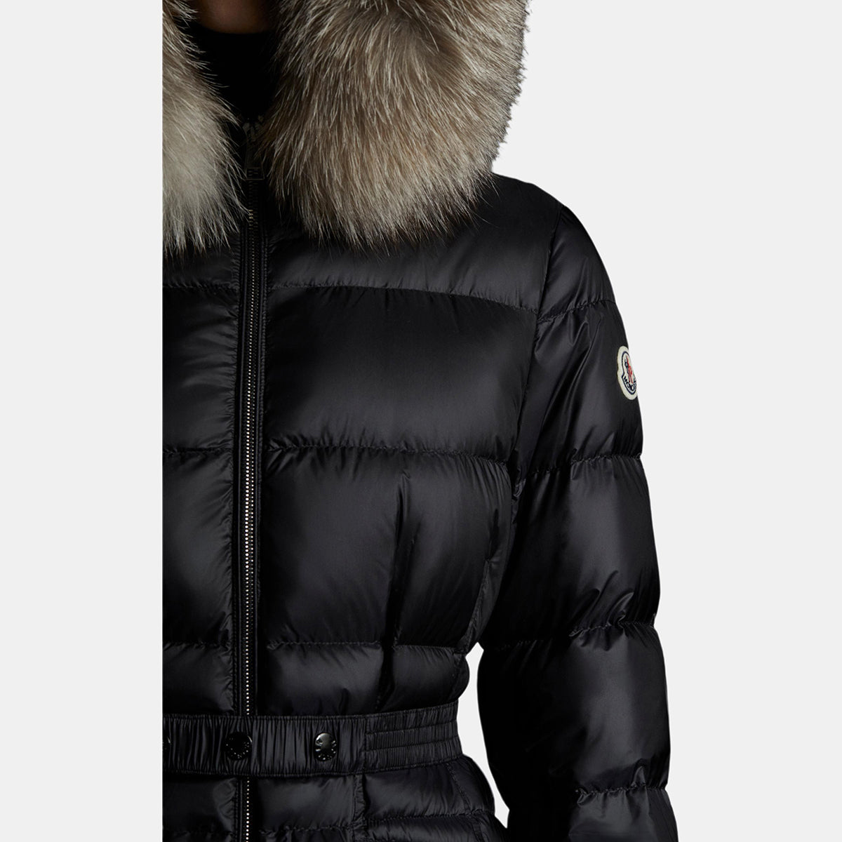 Moncler Boedic Women's Quilted Hooded Goose Down Coat with Oversized Fox Fur Trim & Belt – Black