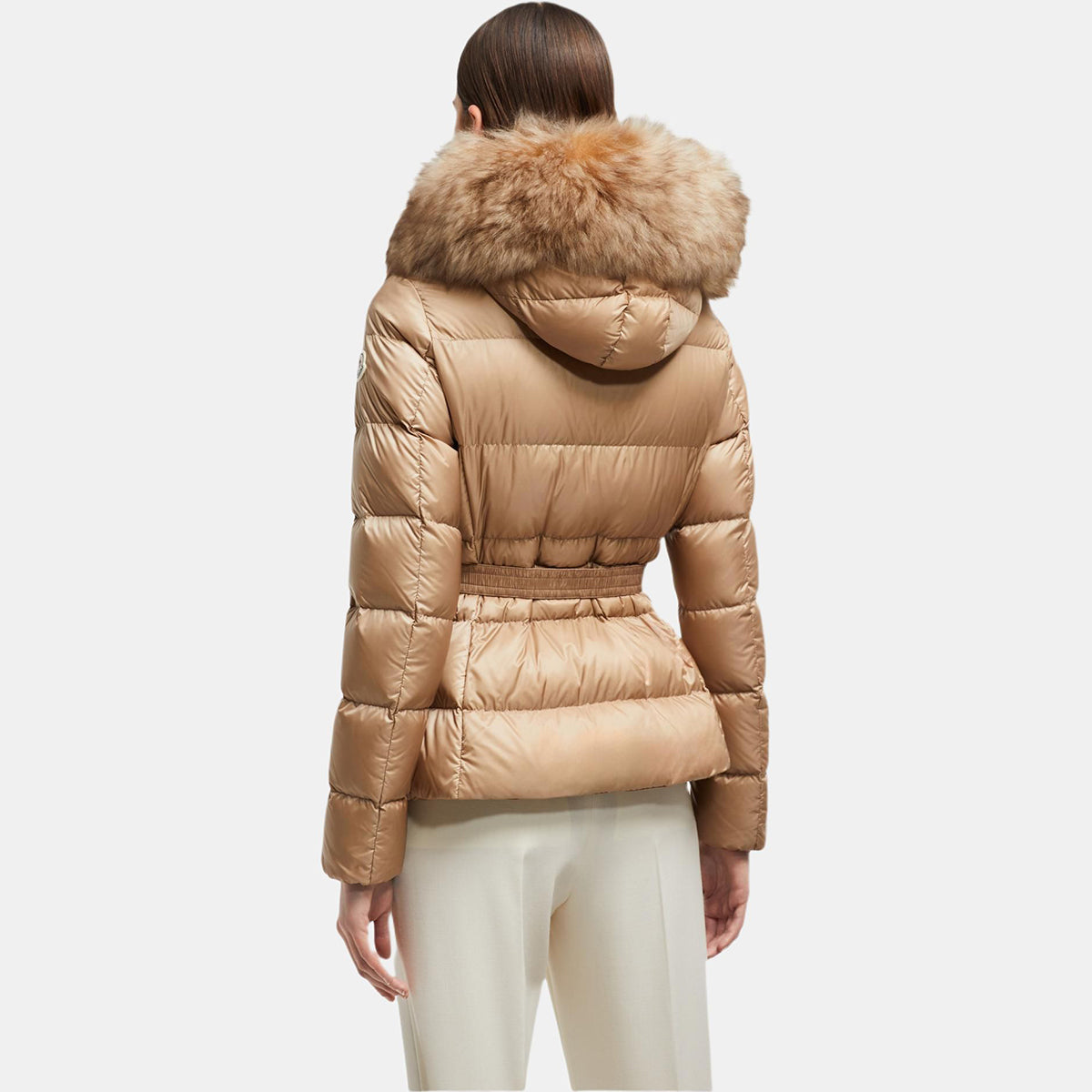 Moncler Boed Women's Cropped Hooded Goose Down Jacket with Fox Fur & Leather Trim – Brown