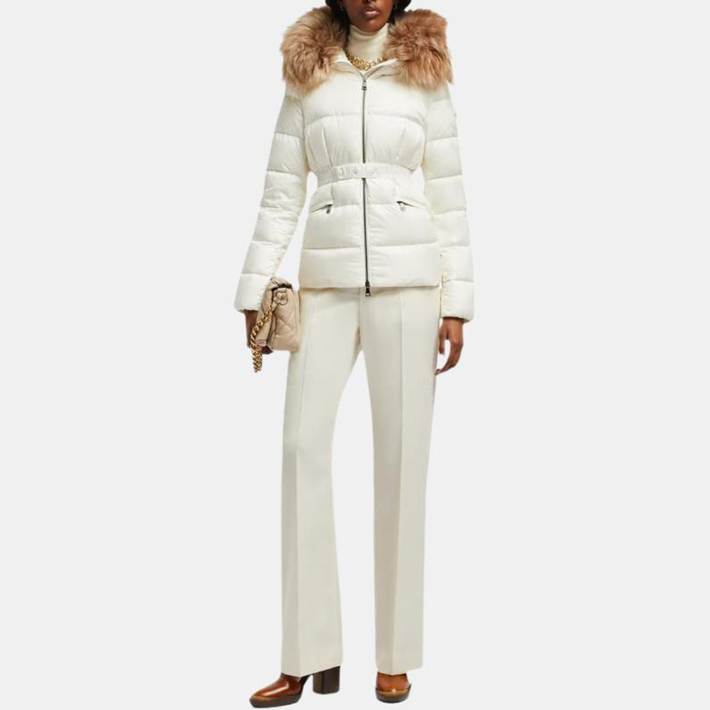 Moncler Boed Women's Cropped Hooded Goose Down Puffer Jacket with Fur Trim – White