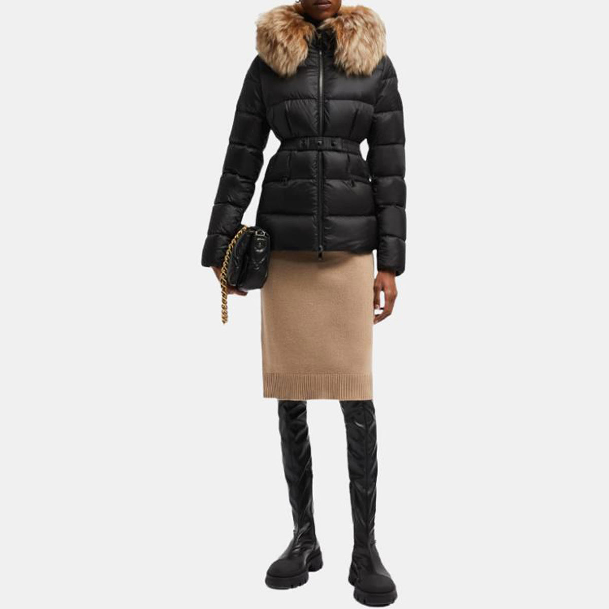 Moncler Boed Women's Hooded Cropped Goose Down Puffer Jacket with Fox Fur Trim – Black