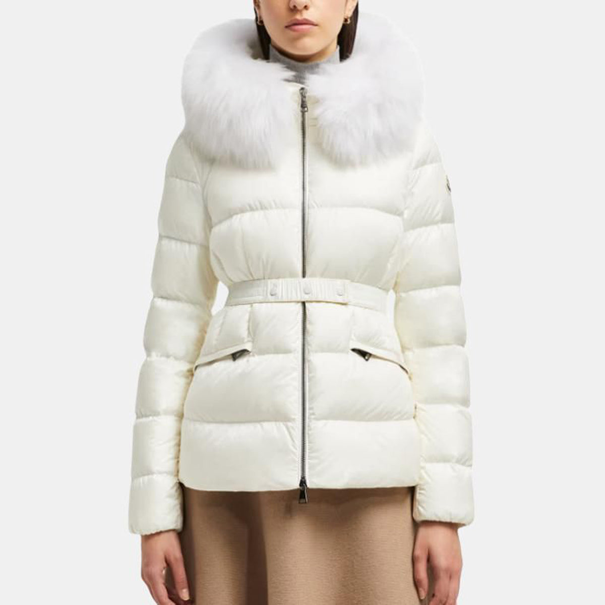 Moncler Boed Women's Cropped Hooded Goose Down Puffer Jacket with Fur Trim – White