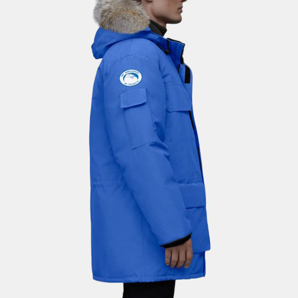 Canada Goose Expedition Red Label Unisex Mid-Length White Duck Down Parka with Coyote Fur Trim – Blue