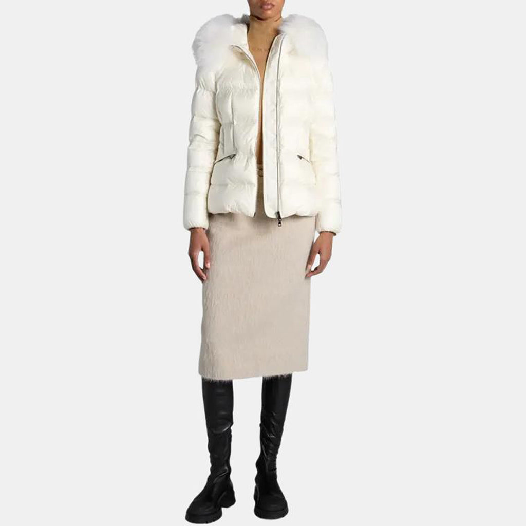 Moncler Boed Women's Cropped Hooded Goose Down Puffer Jacket with Fur Trim – White
