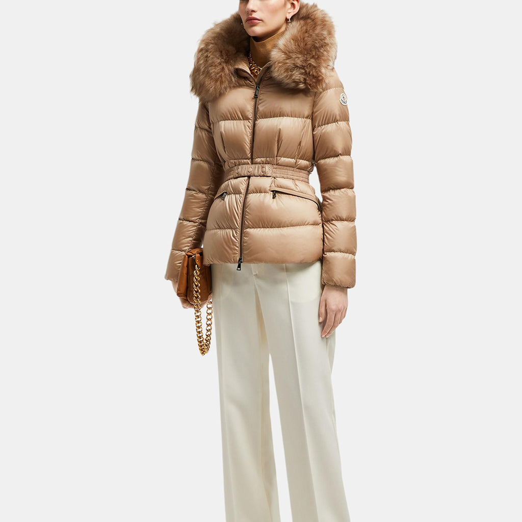 Moncler Boed Women's Cropped Hooded Goose Down Jacket with Fox Fur & Leather Trim – Brown