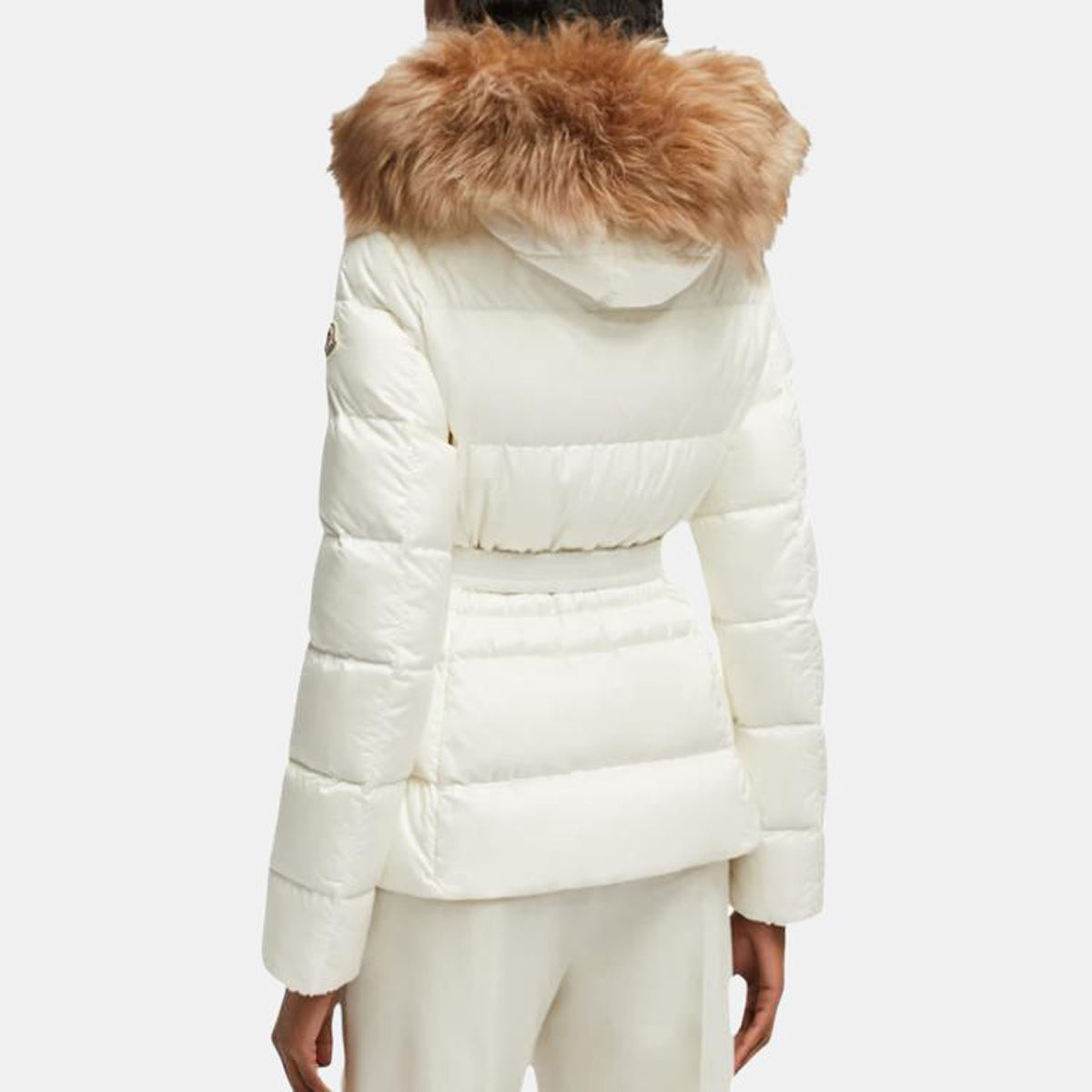 Moncler Boed Women's Cropped Hooded Goose Down Puffer Jacket with Fur Trim – White
