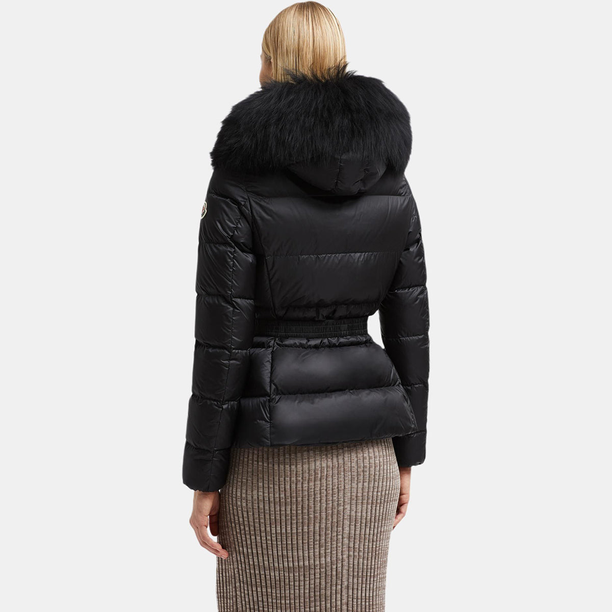 Moncler Boed Women's Cropped Hooded Goose Down Puffer Jacket with Shearling Collar – Black