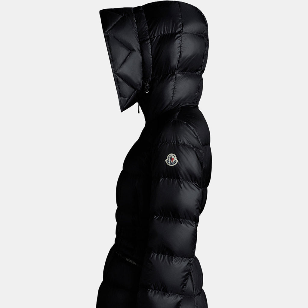 Moncler Boedic Women's Quilted Hooded Goose Down Coat with Oversized Fox Fur Trim & Belt – Black