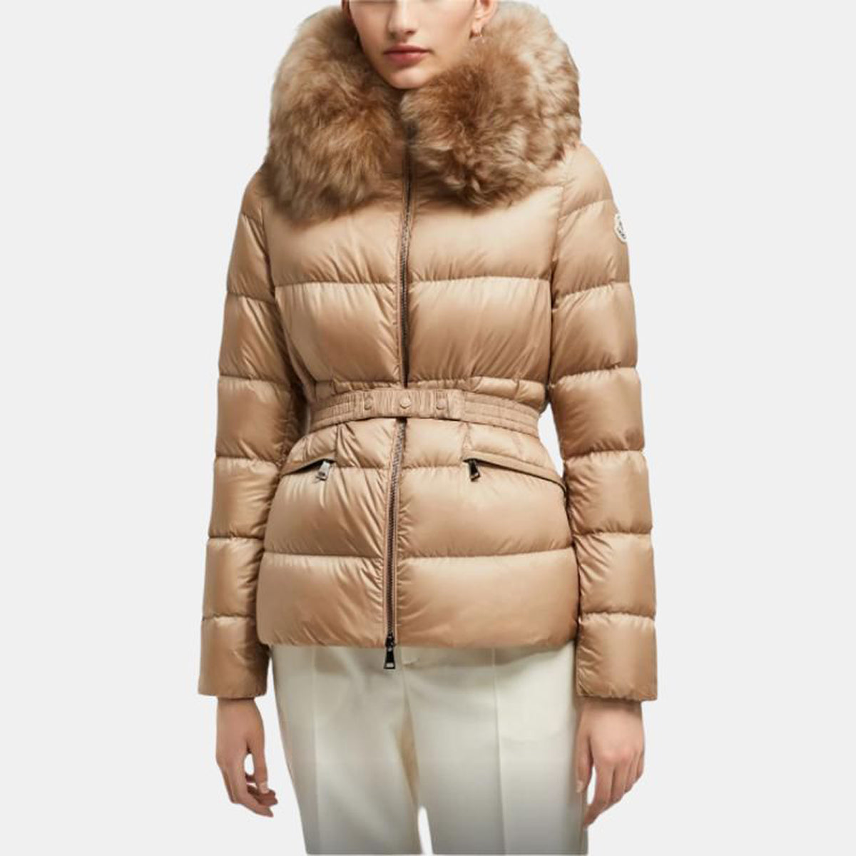 Moncler Boed Women's Cropped Hooded Goose Down Jacket with Fox Fur & Leather Trim – Brown